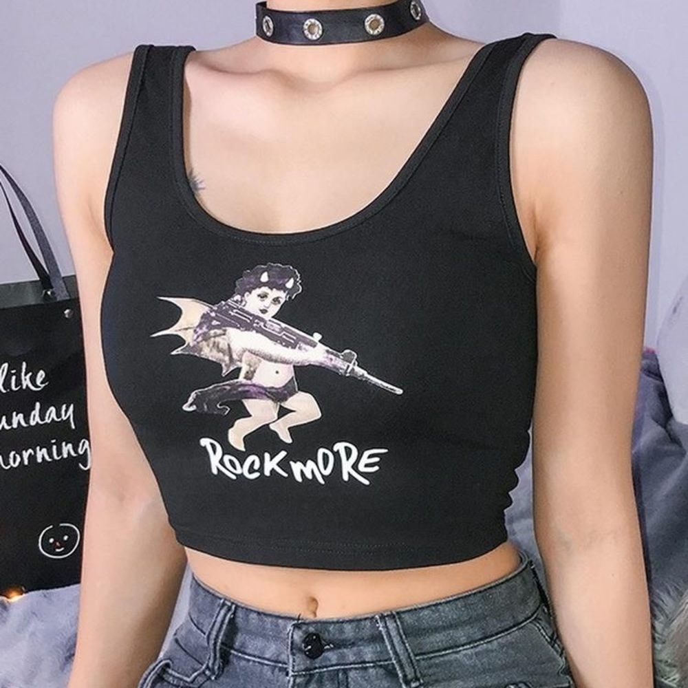 Black cherub angel devil crop tank top